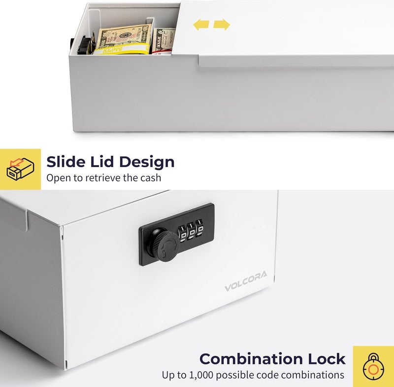 Volcora Cash Box Money Organizer - 15” x 7.5” x 4” Cashbox 5 Compartments Drawer Tray - Bills and Coin Slot with Combination Lock for POS Register, Kiosk, Retail, Personal and Business Use, White - Image 4